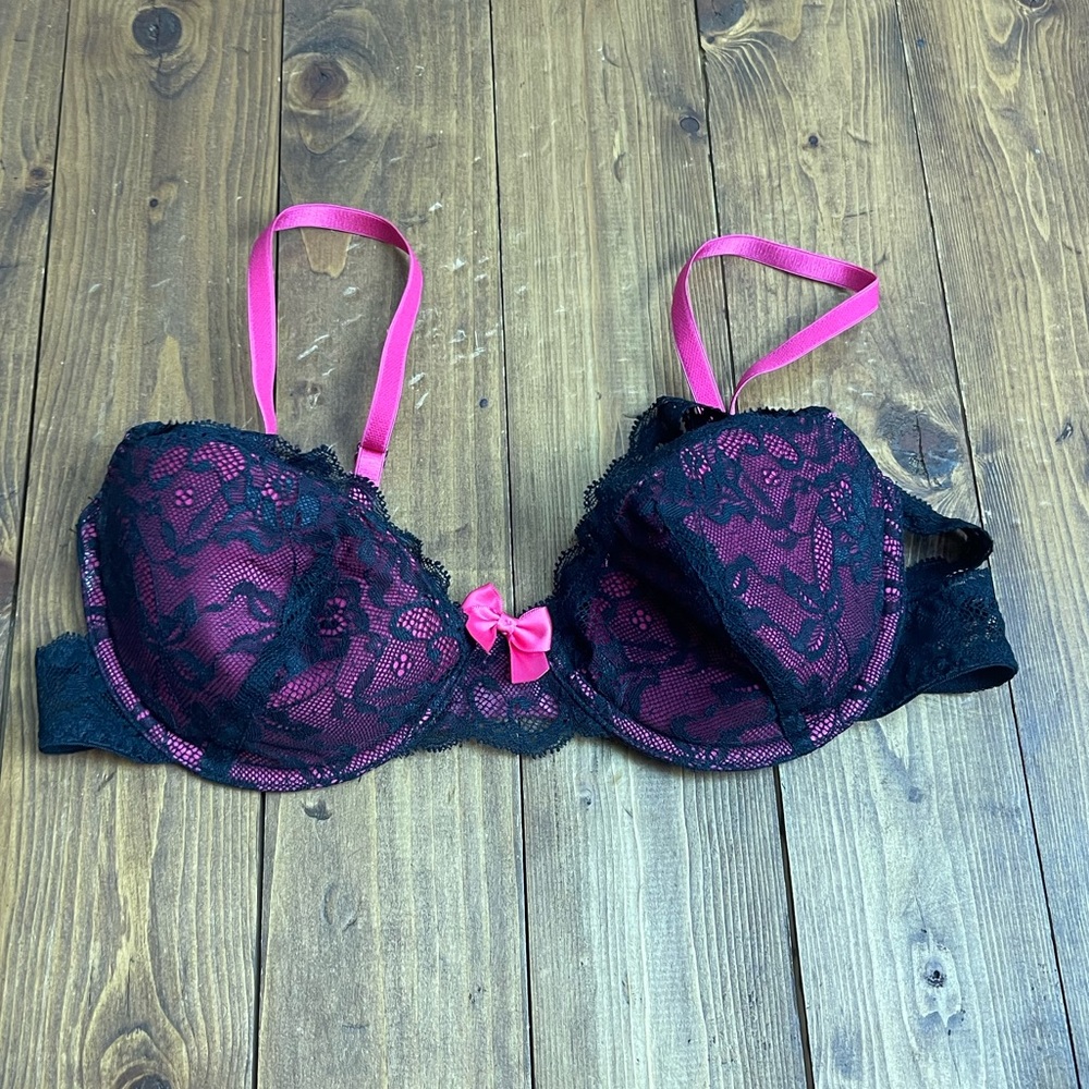Adore me size 34C black and pink lace bra